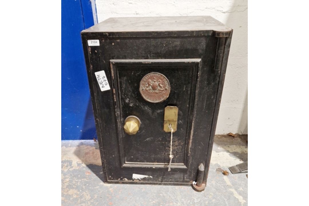 Black painted Victorian H Griffiths & Sons safe with copper makers plaque, 60cm high x 49cm wide x