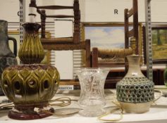 West German green glazed large table lamp, a 1937 coronation cut glass flower vase and another