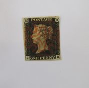 GB stamp: QV Penny Black, JB, plate 1, 4 margin, red Maltese Cross.