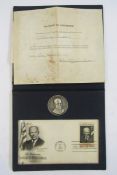 Eisenhower commemorative set made up of silver medallion and 6c postage stamp, and US numismatic