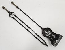 Set of two Georgian fire irons being a shovel with pierced pan together with tongs, each polished