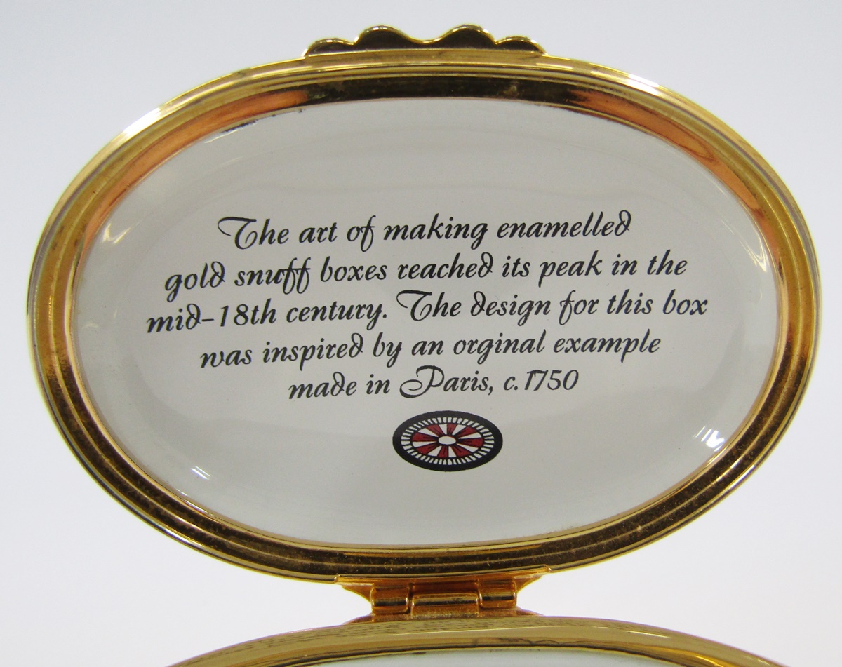 Halcyon Days travelling clock, blue and gold enamel, a similar trinket box, a white lidded pot - Image 3 of 34