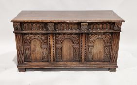 Reproduction oak coffer in the 17th century manner by Titchmarsh and Goodwin, the hinged lid opening
