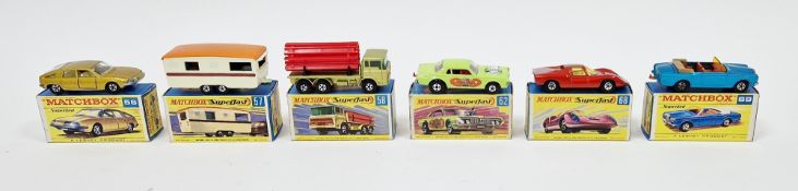 Six boxed Matchbox Superfast diecast model cars to include No.56 BMC 1800 Pininfarina, No.57 Trailer