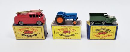 Three boxed Matchbox Series by Lesney diecast model cars to include No.72 Fordson Tractor, No.9 Fire