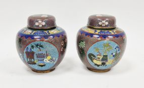 Pair Chinese cloisonne enamel ginger jars and covers, each with a turquoise ground panel of precious