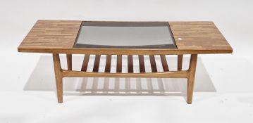 Mid century G-Plan-style coffee table with smoky glass inset to top and slatted undershelf, 40cm