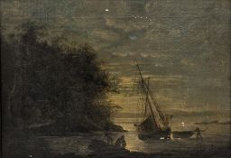 19th century school Oil on canvas Evening lakeside scene with figures and fishing boats, unsigned,
