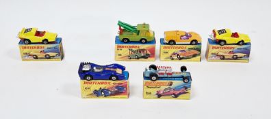 Six boxed Matchbox Superfast diecast model cars to include 2 X No. 58 Woosh-N-Push, No.61 Blue
