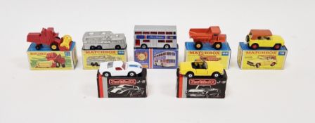 Eight boxed Matchbox Superfast diecast model cars to include No.18 Field Car, No.28 Mack Dump Track,