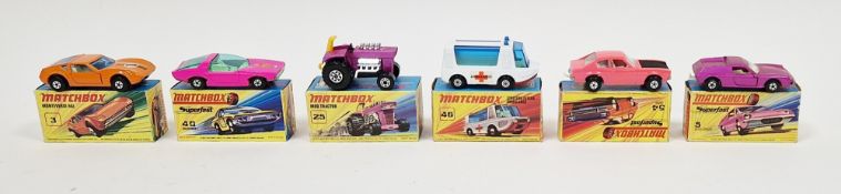 Six boxed Matchbox Superfast diecast model cars to include No.3 Montercerdi Hai, No.5 Lotus