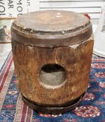 Antique rustic wooden and iron bound stool made from part of a 19th century cider mill press, 43cm