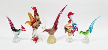 Five Murano-style glass models of birds, comprising: two cockerels and three birds, cockerels or