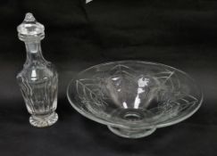 20th century cut-glass tapering cylindrical decanter and stopper, panel cut and with a band of