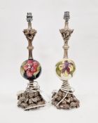 Pair Moorcroft ceramic table lamps, each with globe-shaped body and floral decoration, with silver