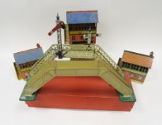 Hornby no.1 footbridge with box, another footbridge with signals, signal cabin no.2E boxed and two