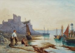 Edward Christian Quayle (1871-1946) Watercolour Peel Harbour, Isle of Man, harbour scene with