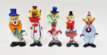 Five Murano glass figures of clowns, including two playing an accordion, one with a ball, approx.