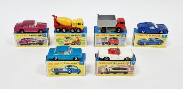 Six boxed Matchbox Superfast diecast model cars to include No.5 Lotus Europa, No.21 Foden Concrete