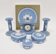 Group of 20th century Wedgwood pale blue jasperware, impressed marks, comprising: a pair of