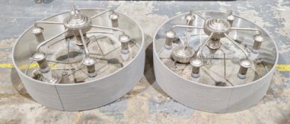Pair of Laura Ashley six branch central light fittings, silvered finish with grey fabric shades,