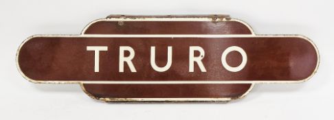Mid-century British Rail Railways BR brown Totem station enamel sign for 'Truro', 91cm long
