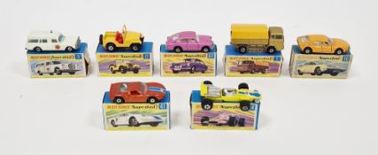 Seven boxed Matchbox Superfast diecast model cars to include No.1 Mercedes Truck (one flap gone,