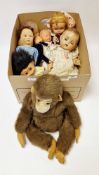 Chad Valley cloth doll, Norah Wellings type sailor doll, Merrythought monkey, Troll and 5 dolls