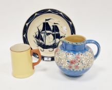 Marazion studio pottery plate with sailing ship in blue on a cream ground, sgraffito pottery blue