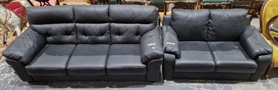 Contemporary black leather three seater sofa with button back and padded arm rests 228cm long by
