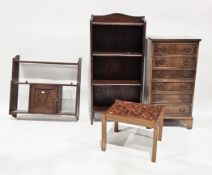 Collection of four items of furniture including an oak hanging shelf with cupboard, 65cm high x 67cm