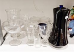 A 19th century etched celery glass vase, a Sowerby-style marbled amethyst beaker, a mid-century