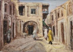 Anoush Rahnarvardkar (Iranian, 1924-1983) Oil on canvas Middle Eastern street scene with figures,