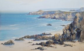 Harold Gordon (19th/20th century) Gouache on paper 'Lusty Glaze, Cornwall', coastal scene, signed