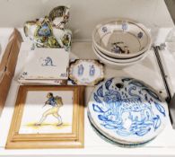 Two Eastern pottery wall plaques decorated in underglaze blue with animals and figures, another,