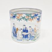 Probably Japanese porcelain brush pot, cylindrical and painted with figures autour, red character