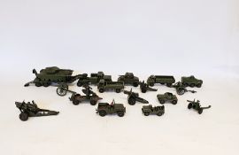 Collection of loose playworn diecast army vehicles and accessories including 7 x Dinky (including