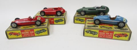 Four boxed Merit quick construction racing car kits including 1956 G.P. Anwall, 1956 G.P Ferrari,