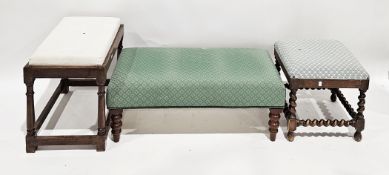 Victorian oak square stool with upholstered seat and raised on barleytwist and block supports,