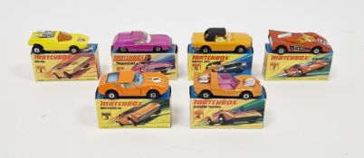 Six Boxed Matchbox Superfast diecast model cars to include No.1 Mod Rod, No.3 Monteverdi Hai, No.4