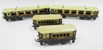 Two Hornby Pullman coaches with crests, in brown and cream, Hornby Corsair coach and another Ansonia