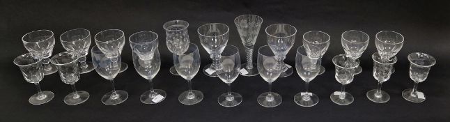 Six Baccarat small wine glasses, an engraved airtwist in the 18th century style, 5 Webbs swagged