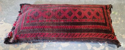 Large Afghan cushion, hand notted, medallion style centre piece in red and blue on brown with six