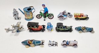 Collection of ten tinplate clockwork vehicles including five cars, gas-oil truck, airplane,