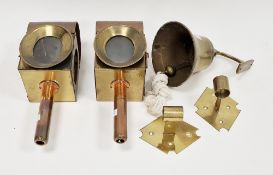 Pair of brass and copper carriage-type lamps with brass wall mounted brackets, 37cm high and a brass