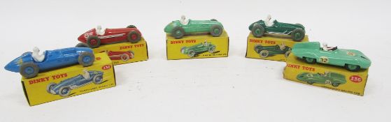 Five boxed Dinky Toys diecast racing cars including 236 Connaught racing car, 233 Cooper-Bristol,