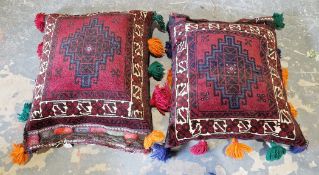 Pair of Afghanistan cushions, hand knotted and hand made, centre piece blue on burgandy,  borders