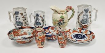 Three Staffordshire (D.M. & Sons) pottery Victoria Jubilee pattern jugs in sizes, 21xcm high max., a