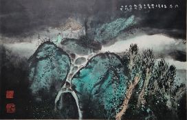 20th century Chinese school Inks, watercolour and gouache Figure seated outside hut within