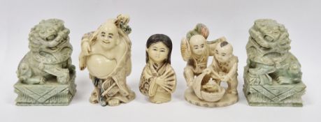 Group of three Chinese simulated ivory figures and a pair of Chinese soapstone models of Buddhist